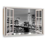 Feeby Tableau Fenetre Vue 3D Déco Imprimé Moderne New York noir et blanc 60x40 cm