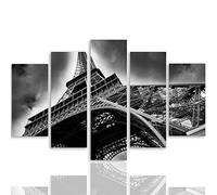 Feeby Tableau moderne adhésif Paris 5 panneaux décoratifs muraux architecture noir et blanc 150x100 cm