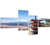 Feeby. Tableau multi panneaux - 4 parties - Impression sur toile, Décoration murale, Image imprimée, Type Z, 100x50 cm, FUJIYOSHIDA, MONT FUJI AVEC PAGODE CHUREITO, MONTAGNES, NATURE, BLEU