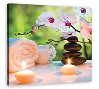 Feeby Tableau Photo Zen Bougies Spa Pierres 60x60 cm Image décoration murale Orchidée Bien-être Nature morte rose