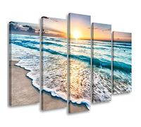 Feeby Tableau sur Toile 150x100 cm Ciel Mer Plage Nuages 5 pièces Image Moderne Tableau Déco Mural Salle De Séjour Vagues Coucher de soleil Nature bleu