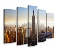 Feeby Tableau sur Toile 150x100 cm Empire State Building New York Manhattan 5 pièces Image Moderne Tableau Déco Mural Salle De Séjour Lever du soleil Ciel Grattes ciels beige
