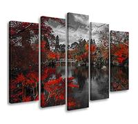 Feeby Tableau sur Toile 150x100 cm Feuilles rouges Japon Pont Des arbres 5 pièces Image Moderne Tableau Déco Mural Salle De Séjour Fleuve Ciel L'eau Asie gris