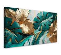 Feeby - Tableau sur Toile - Decoration Murale Peinture - Feuilles de monstera marbre doré turquoise - 100x50 1partie - Tableaux chambre à coucher - Decoration Chambre - Impression sur Toile