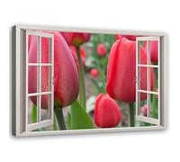 Feeby Tableau sur toile XXL Fenetre Vue 3D Art Image Deco tulipes rouge 115x70 cm