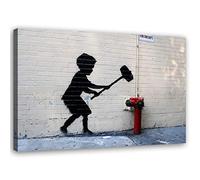 Feeby Tableau sur toile XXL Garçon avec un Marteau 120x80 cm Art Image Deco Banksy Street Art noir