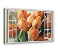 Feeby Tableau sur toile XXL tulipes Art Image Deco Fenetre Vue 3D orange 115x70 cm