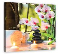 Feeby Tableau toile Bambou Zen Spa Bougies 30x30 cm Image Photo Pierres Nature morte Orchidée rose