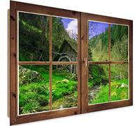 Feeby Tableau XXL 3D Illusion Image Déco Imprimé Moulin Montagnes Ruisseau vert 120x80 cm