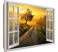 Feeby Tableau XXL Fenetre Image Déco Imprimé Coucher du Soleil Arbre orange 120x80 cm