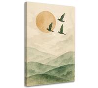 Feeby - Tableaux - Deco Tableau Murale - Japandi Oiseaux Montagnes Aquarelle - 70x115 1partie - Pour la Chambre et le Salon - Pour Chaque Pièce de Votre Appartement - Toiles pour le bureau