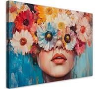 Feeby - Tableaux Decoratifs - Tableau Salon Grand Format - Femme avec des fleurs colorées sur la tête - 120x80 1partie - Décoration Chambre - Toile Imprimée Intissé Decoration Murale