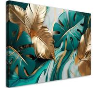 Feeby - Tableaux Decoratifs - Tableau Salon Grand Format - Feuilles de monstera Or Marbre turquoise - 115x75 1partie - Tableau Decoration Murale - Toile Imprimée - Impression sur Toile Peinture