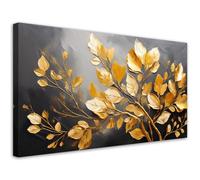 Feeby - Tableaux Decoratifs - Tableau Salon Grand Format - Feuilles dorées sur fond gris - 100x50 1partie - Tableau Decoration Murale - Toile Imprimée - Impression sur Toile Peinture