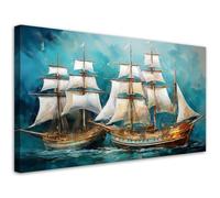 Feeby - Tableaux Decoratifs - Tableau Salon Grand Format - Navires Voiliers rétro Turquoise - 100x50 1partie - Tableau Decoration Murale - Toile Imprimée - Impression sur Toile Peinture