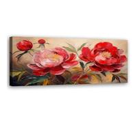 Feeby - Tableaux Decoratifs - Tableau Salon Grand Format - Pivoines Rouges Fleurs Plantes Peintes - 90x30 1partie - Tableau Decoration Murale - Toile Imprimée - Impression sur Toile Peinture