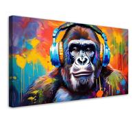Feeby - Tableaux Decoratifs - Tableau Salon Grand Format - Singe coloré avec des écouteurs - 100x50 1partie - Tableau Decoration Murale - Toile Imprimée - Impression sur Toile Peinture