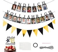 Feegela Déco Anniversaire 18 Ans Garçon - Photoguirlande 18 Ans avec 18 Cartes Photos Étincelantes de 1 à 18 Ans Inclut Pancake Gâteau 18" et Fanion Triangle Noir Doré Décoration Anniversaire 18 Ans