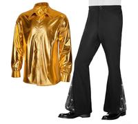 Feegow Ensemble disco 2 pièces pour homme - Chemise disco vintage brillante des années 70 et pantalon à paillettes - Costume rétro hippie disco pour mec (M, doré)