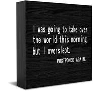 Feehiget Panneau décoratif amusant en bois avec inscription « I Was Going To Take Over The World This Morning But I Overslept » pour bureau, maison, bureau, étagère 12,7 x 12,7 cm