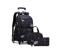 FEEIMOL Cartable a roulettes Garçon Sac a Dos Ordinateur Sac Roulette Étudiants, 3 in 1 Sac à Dos à roulettes avec Sac à Lunch et Trousse à Crayons (Noir étoilé)