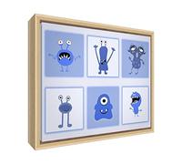 Feel Good Art eco-printed et Nursery toile encadrée avec cadre en bois massif naturel (34 x 24 x 3 cm, petit, bleu, monstres)