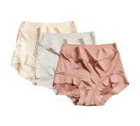 Feel Natural Culotte Femmes Premium Satin Soie glacée Taille Haute Satin Soie glacée sans Couture façonnage Slips Glace Soie Taille Haute Pantie Shorty Femme Coton (Beige, XL)