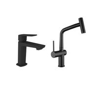 Feel set mitigeur lavabo + mitigeur cuisine Ceramia Timeless acier inoxydable, douchette extractible, noir mat (SATBM185C)