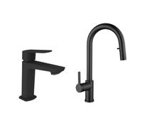 Feel set mitigeur lavabo + mitigeur cuisine Ceramia Timeless acier inoxydable, douchette extractible, noir mat (SATCSFTML271BMC)