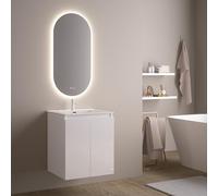 Feel Your Bath Meuble Salle de Bain Wolf 60 cm Blanc, 2 Portes, Vasque céramique, Miroir Ovale LED Installation Facile