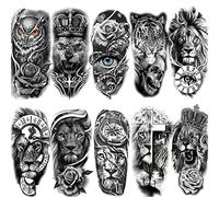 Feelairy 10 Feuilles Grand Tigre Lion Tatouages Temporaires Hommes Femmes Bras, Tatouage Temporaire 3D Imperméable Crâne Noir Halloween Faux Tatouages Autocollant Animal Fleur pour Adultes Enfants