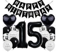Feelairy Ballon 15 ans Anniversaire Garçon Fille, Décoration Anniversaire 15 ans Noir, Bannière Joyeux Anniversaire 15 ans, Happy Birthday Decoration Kit Ballon Anniversaire 15 ans Noir et Blanc