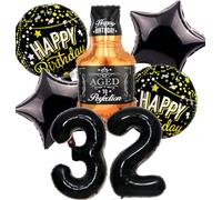 Feelairy Ballon 32 ans Anniversaire Homme, Decoration Anniversaire 32 ans, Ballon Whisky Anniversaire 32 ans Or, Bouteille de Whisky Decoration Ballon Noir pour Anniversaire 32 ans Femme