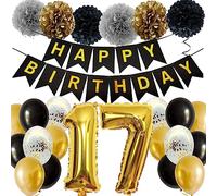 Feelairy Décorations Anniversaire 17 ans Fille, Décoration de Fête d'anniversaire en Noir Or, Ballons Anniversaire 17 ans Garçon, Bannière de Joyeux Anniversaire Kit pour 17 ans Fille Garçon