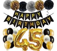 Feelairy Décorations Anniversaire 45 ans Femmes, Décoration de Fête d'anniversaire en Noir Or, Ballons Anniversaire 45 ans Homme, Bannière de Joyeux Anniversaire Kit pour 45 ans Femme Homme