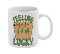 Feeling Lucky Tasse à café en céramique blanche de 325 ml, tasse à thé imprimée double face avec poignée ergonomique en C, fond épais en porcelaine pour la maison, le bureau, la cuisine, cadeau
