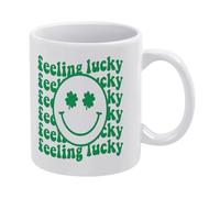 Feeling Lucky Today Tasse à café en céramique blanche de 325 ml, tasse à thé imprimée double face avec poignée ergonomique en C, fond épais en porcelaine pour la maison, le bureau, la cuisine, cadeau