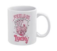Feeling Lucky Valentine-1 Tasse à café en céramique blanche de 325 ml, tasse à thé imprimée des deux côtés avec poignée ergonomique en C et fond épais en porcelaine pour la maison, le bureau, la