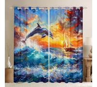 feelingyou Beau rideau de fenêtre dauphin, taille XXL aquarelle mer rétro voilier décor bon ombrage décoration de la maison beau coucher de soleil nuages impression rideaux de fenêtre pour garçons