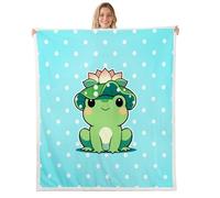 feelingyou Belle Grenouille Jeter Couverture, Jeter Taille Aquarelle Peint à la Main Lotus Feuilles Bleu Lit Jeter pour Adolescents Rétro Polka Dot Cartoon Animaux Sauvages Décoration de la Maison