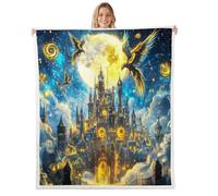feelingyou Couverture château magique jaune lune bleu galaxie ciel couverture de lit pour enfants, adolescents et adultes exotiques mythes oiseaux animaux mystérieux style polaire pour chaises canapé