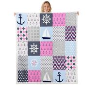 feelingyou Couverture en maille nautique pour enfants - Motif ancre océan - Gouvernail - Sherpa - Pour filles et adolescents - Bleu et rose - Décoration en polyester - Taille de jet