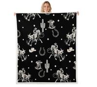 feelingyou Couverture en polaire Rustique Cowboy Gémeaux Taille Rural Sketch Style Cowboy Bottes Chapeau Lit Jeter pour Adolescents Mignon Étoile Cactus Cheval Animal Noir Décor à la Maison pour