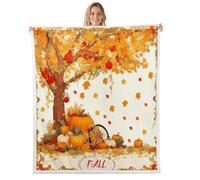 feelingyou Couverture Polaire Citrouille d'Automne, Automne Feuilles d'érable Nature Plantes Jeter Couverture pour Homme Adulte, Baie Rouge Aquarelle Pays Rustique Couverture Sherpa en Polyester Léger