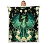 feelingyou Couverture polaire dragon - Gémeaux - Vert sauvage - Pour adolescents - Fleurs de lotus - Décoration d'intérieur pour bureau