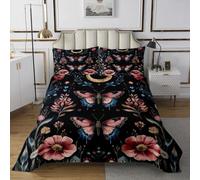 feelingyou Couvre-lit en forme de papillon, 1 taie d'oreiller rose avec fleurs de papillon, couvre-lit pour enfants et adolescents, style gothique, plante de lune, parure de lit, taille S