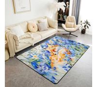feelingyou Cute Fox Tapis de salon, 100 x 150 cm, orange, faune, aquarelle, chambre à coucher, pour enfants, adolescents, bleu, blanc, fleurs, vertes, feuilles, décoration d'intérieur