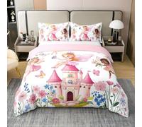 feelingyou Housse de couette 100 % coton - Motif château de dessin animé - Taille M - 2 pièces - Lovely Fairy Pays des merveilles Princesse pour enfants - Rose Daisy Dreamy Papillon - 1 taie