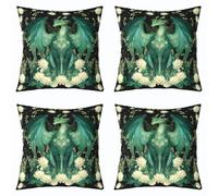 feelingyou Housse de coussin, 40 x 40 cm, motif dragon occidental, vert sauvage, pour enfants, fleurs de lotus, feuilles