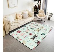 feelingyou Joli tapis de salon - 150 x 200 cm - Papillons et libellules kawaii - Tapis de chambre à coucher pour garçons et filles - Style bohème - Fleurs rouges à pois verts - Tapis de sol